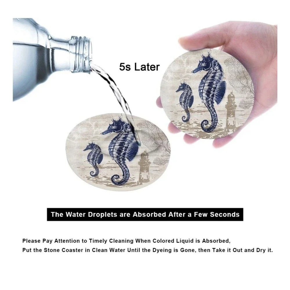 Absorbent Coasters Natural Ceramic Thirsty Stone Navy Blue Octopus Seahorse Crab